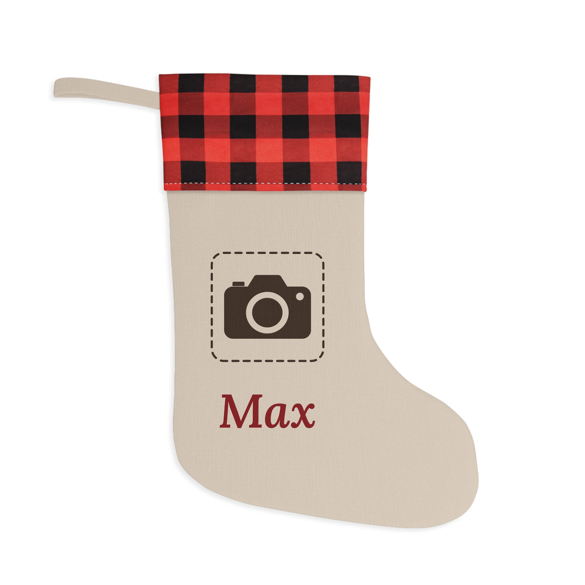 Custom Photo Christmas Stocking – Your Photo & Name on a Buffalo Plaid Stocking