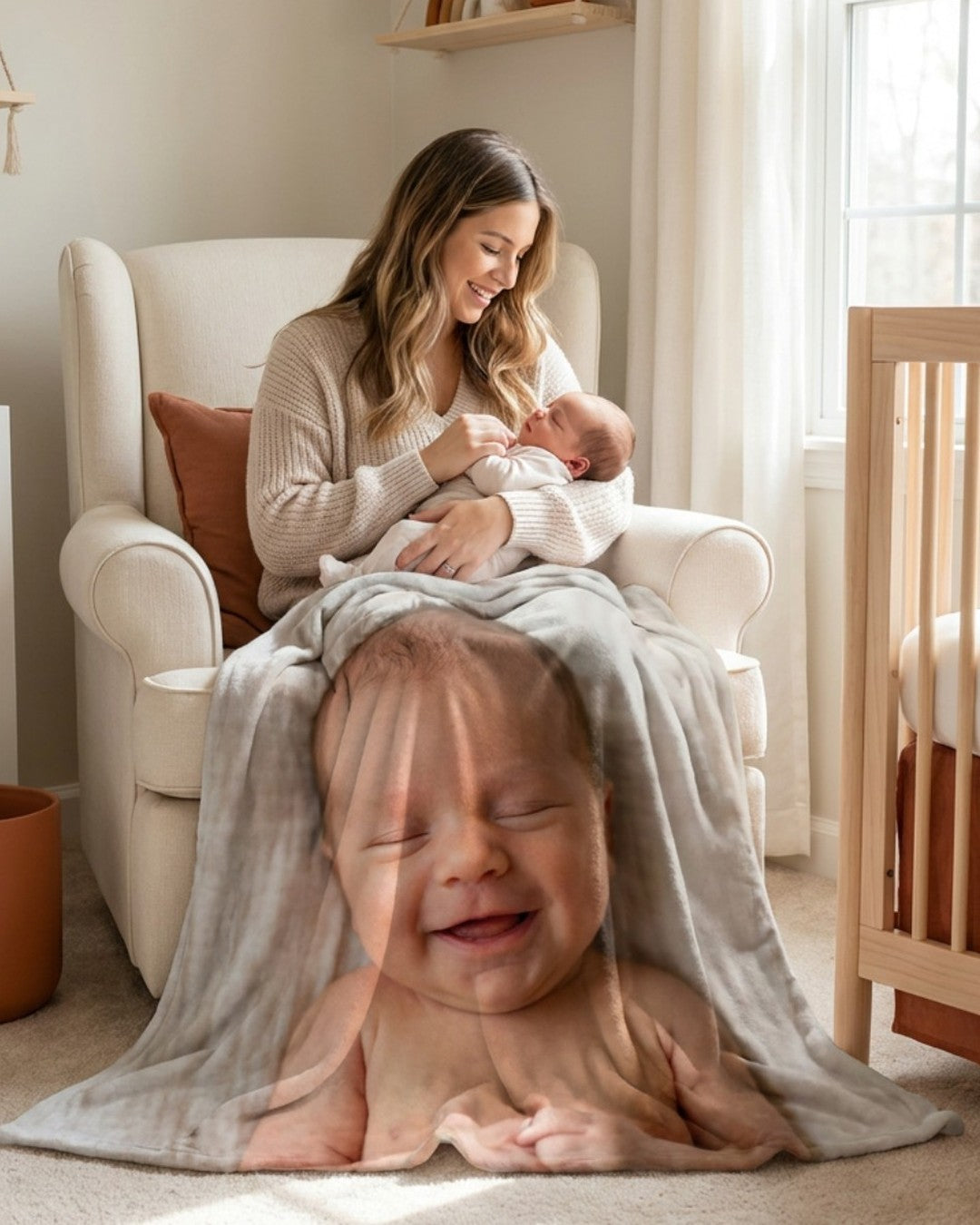 New mom with a custom photo blanket printed with her baby's photo