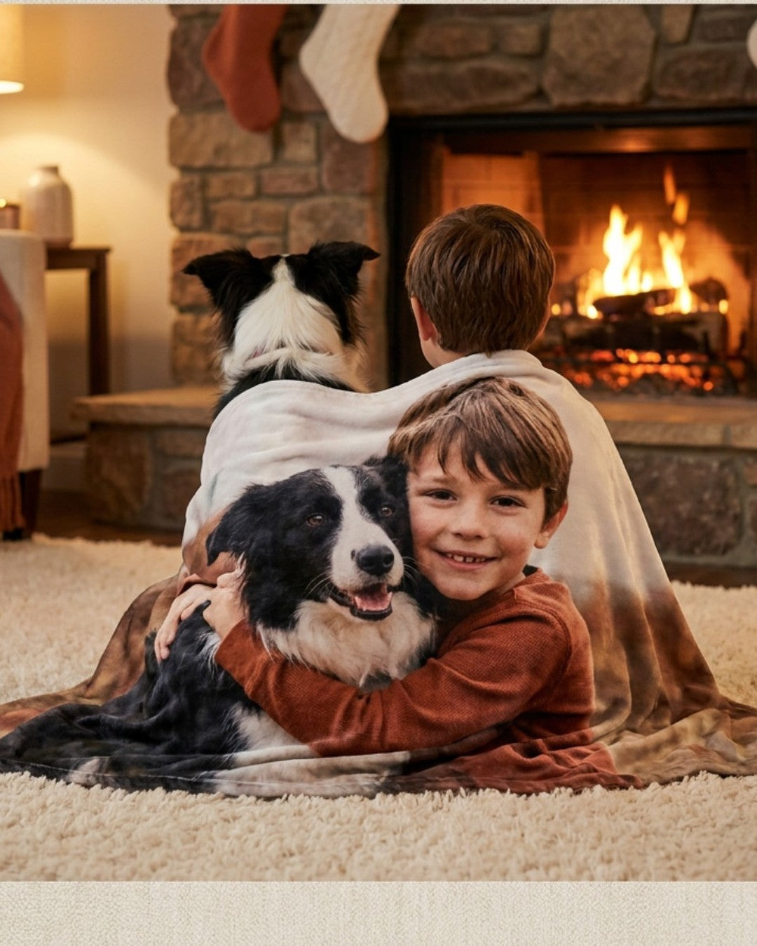 Boy and his dog wrapped in a custom photo blanket by the fireplace
