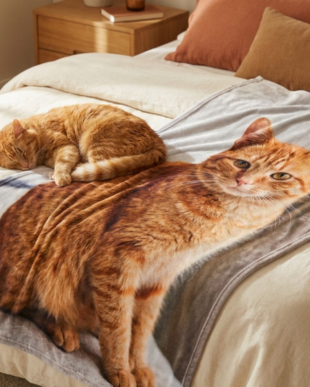 Cat sleeping on a custom photo blanket printed with its own photo