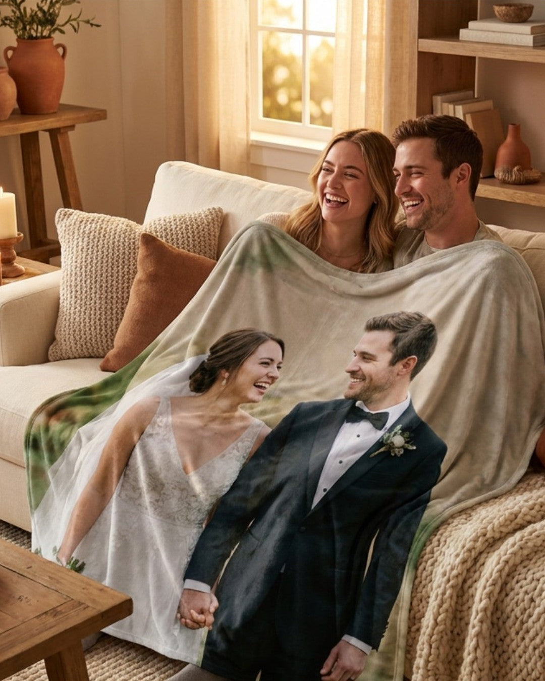 Couple under a custom photo blanket printed with their wedding photo