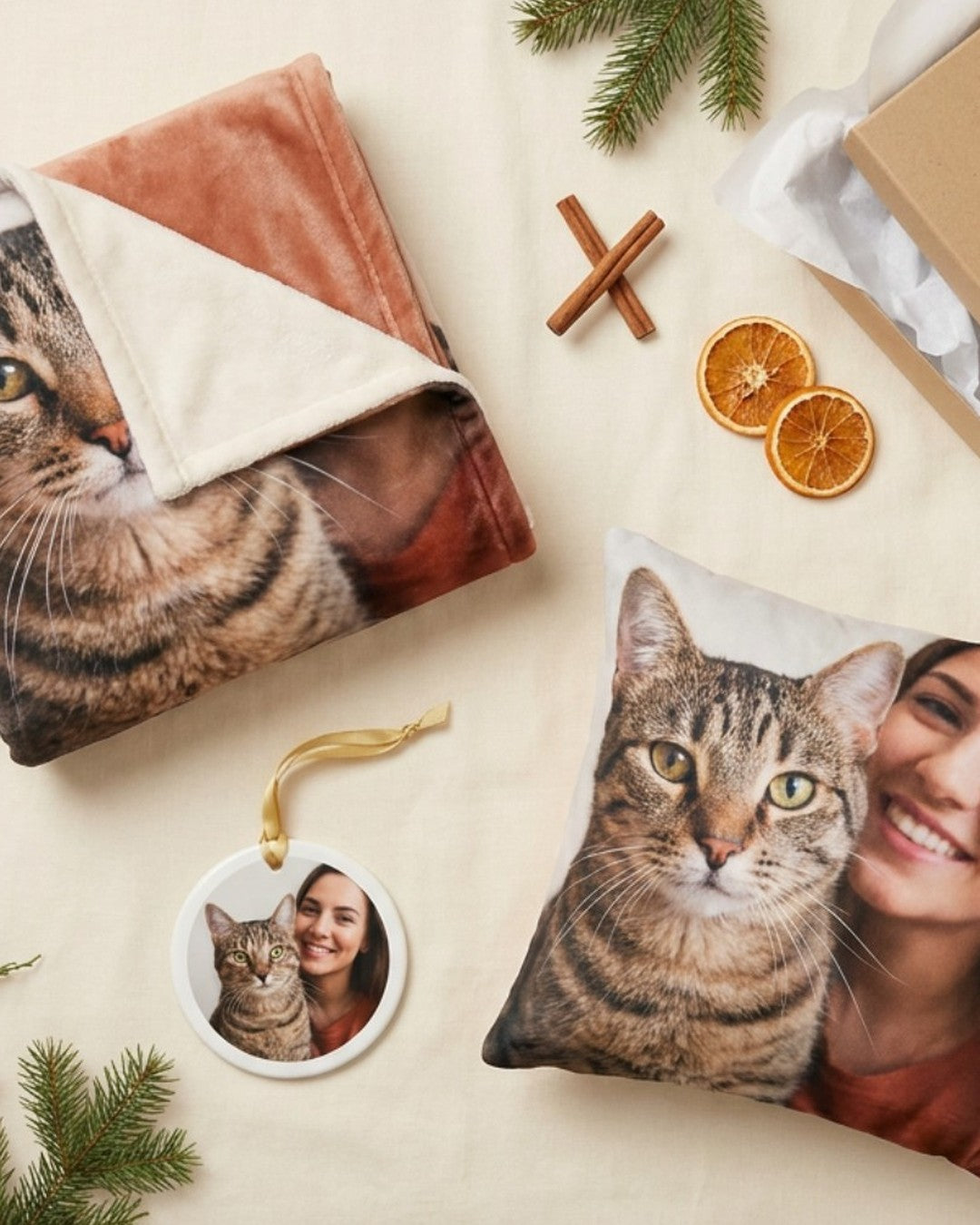 Custom photo blanket, pillow and ornament gift set