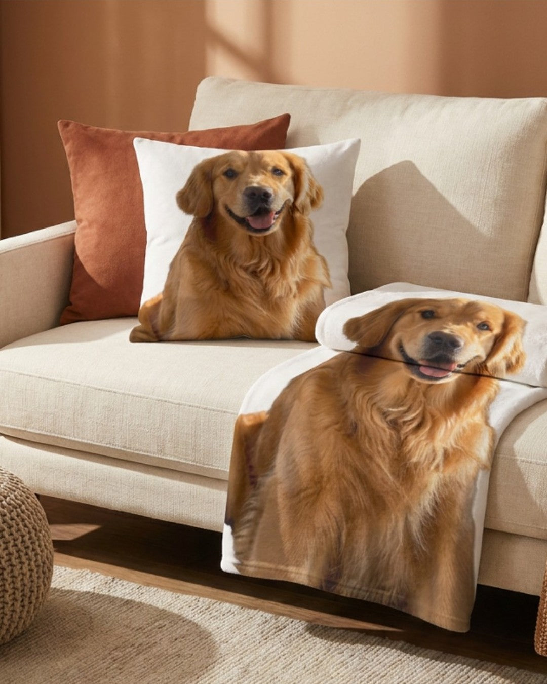 Matching custom photo pillow and photo blanket printed with a golden retriever