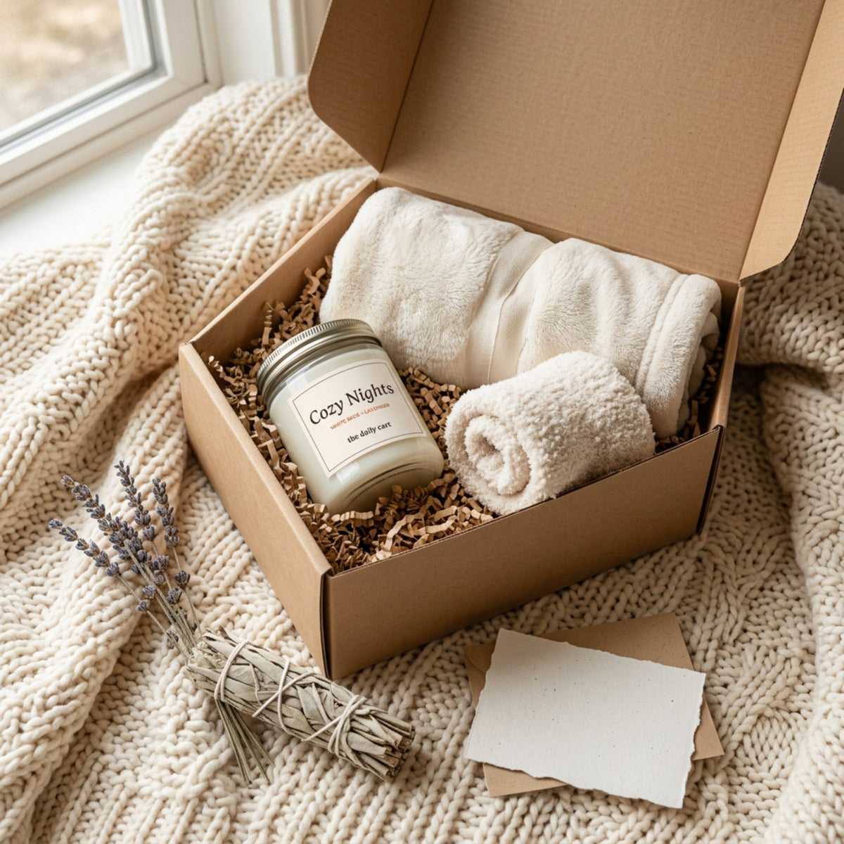 Cozy comfort gift box with soy candle, ivory blanket and fuzzy socks