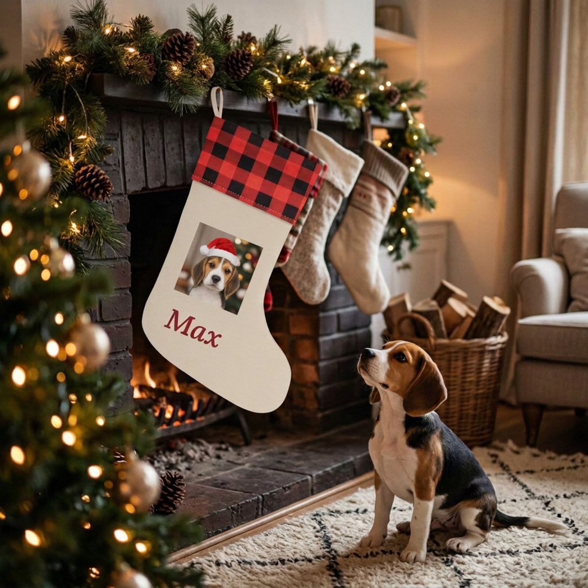 Buffalo plaid Christmas stocking with a beagle photo and the name Max on a mantel