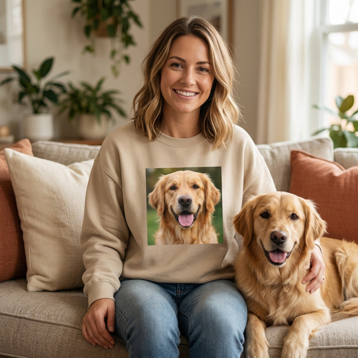 Woman on a couch wearing a custom photo sweatshirt printed with her golden retriever