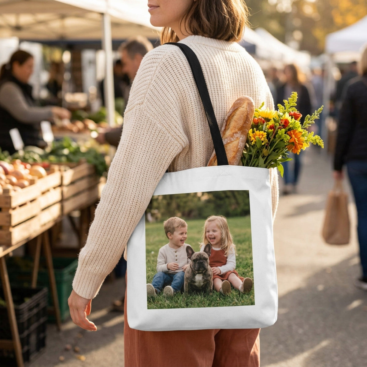 Woman carrying a custom photo tote bag at a farmers market