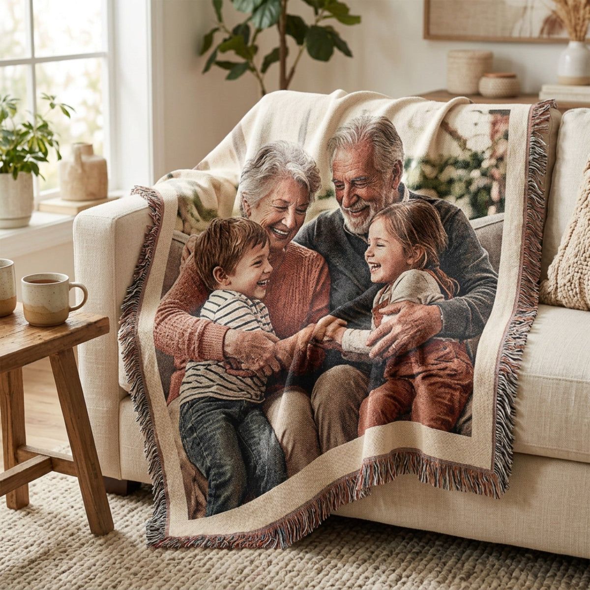 Woven photo blanket with a grandparents and grandkids photo draped over a sofa