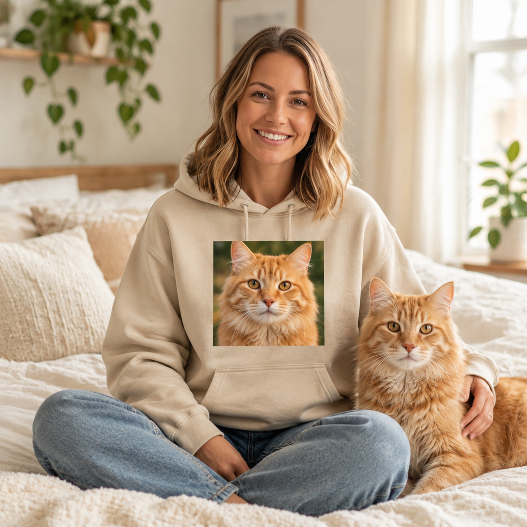 Woman in a sand custom photo hoodie printed with her orange tabby cat