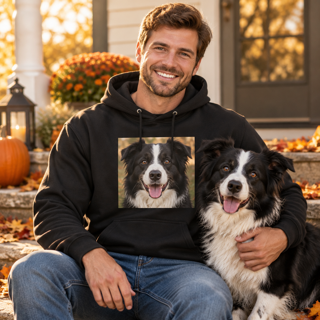Man in a black custom photo hoodie printed with his border collie