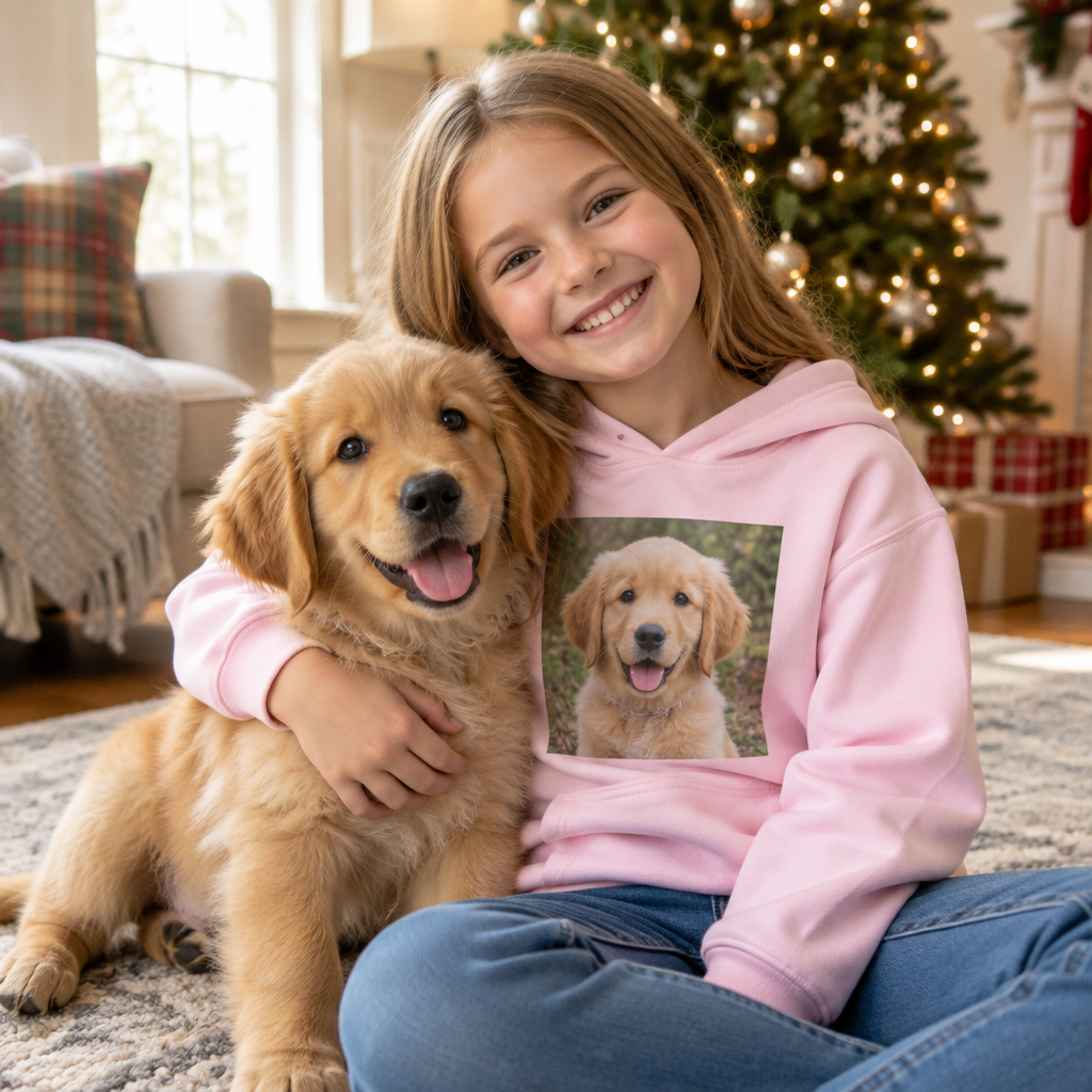 Girl in a pink kids photo hoodie with her golden retriever puppy printed on it