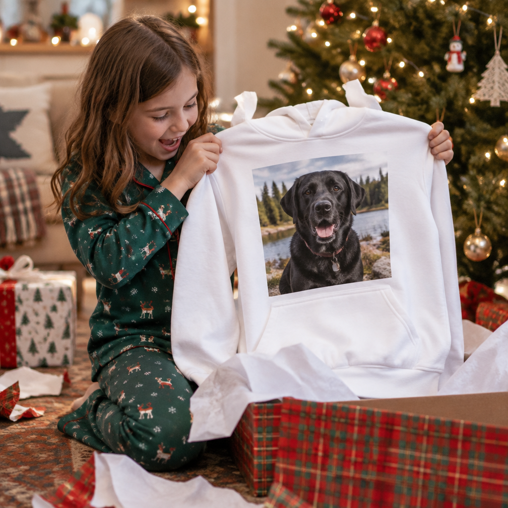 Child opening a white kids photo hoodie with the family dog on Christmas morning