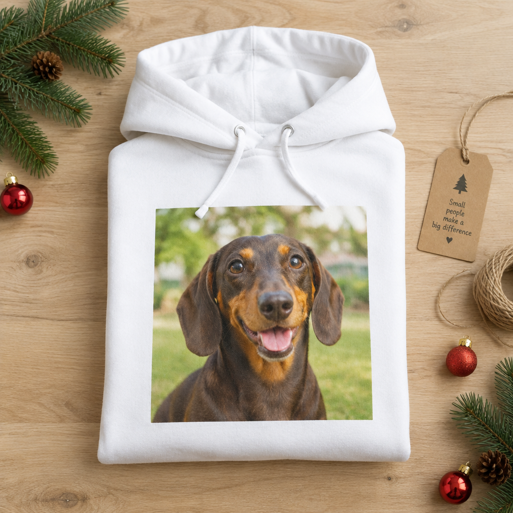 Folded white kids photo hoodie with a dachshund photo, wrapped as a gift