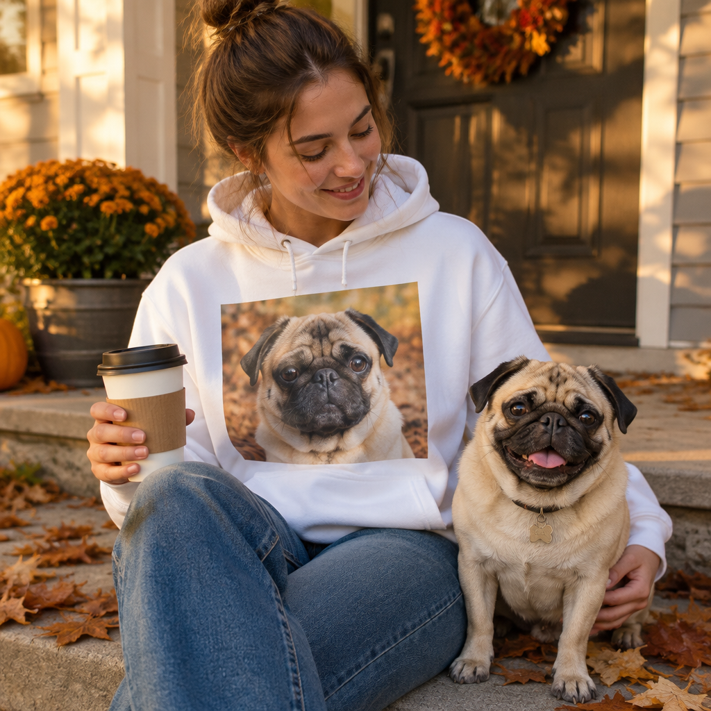 Woman in a white photo hoodie with her pug printed on it