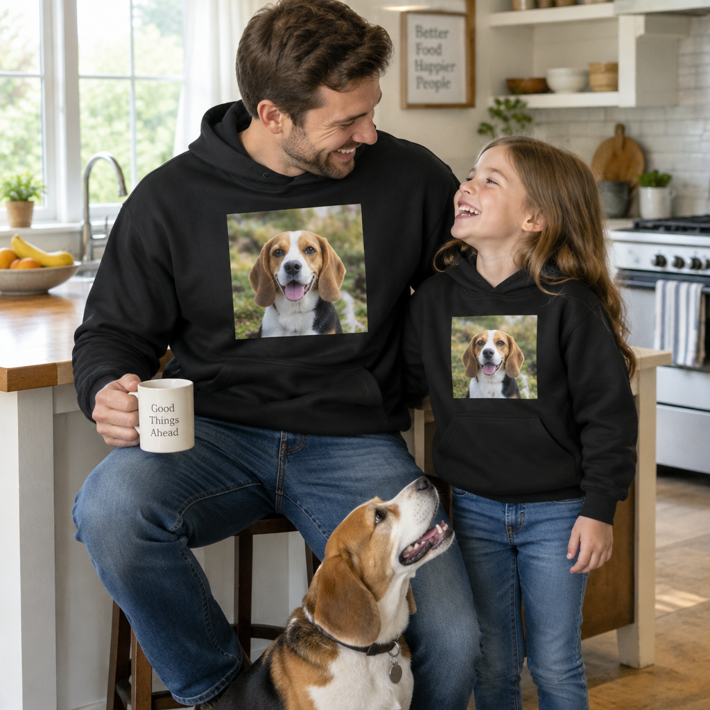 Dad and daughter in matching black photo hoodies with their beagle