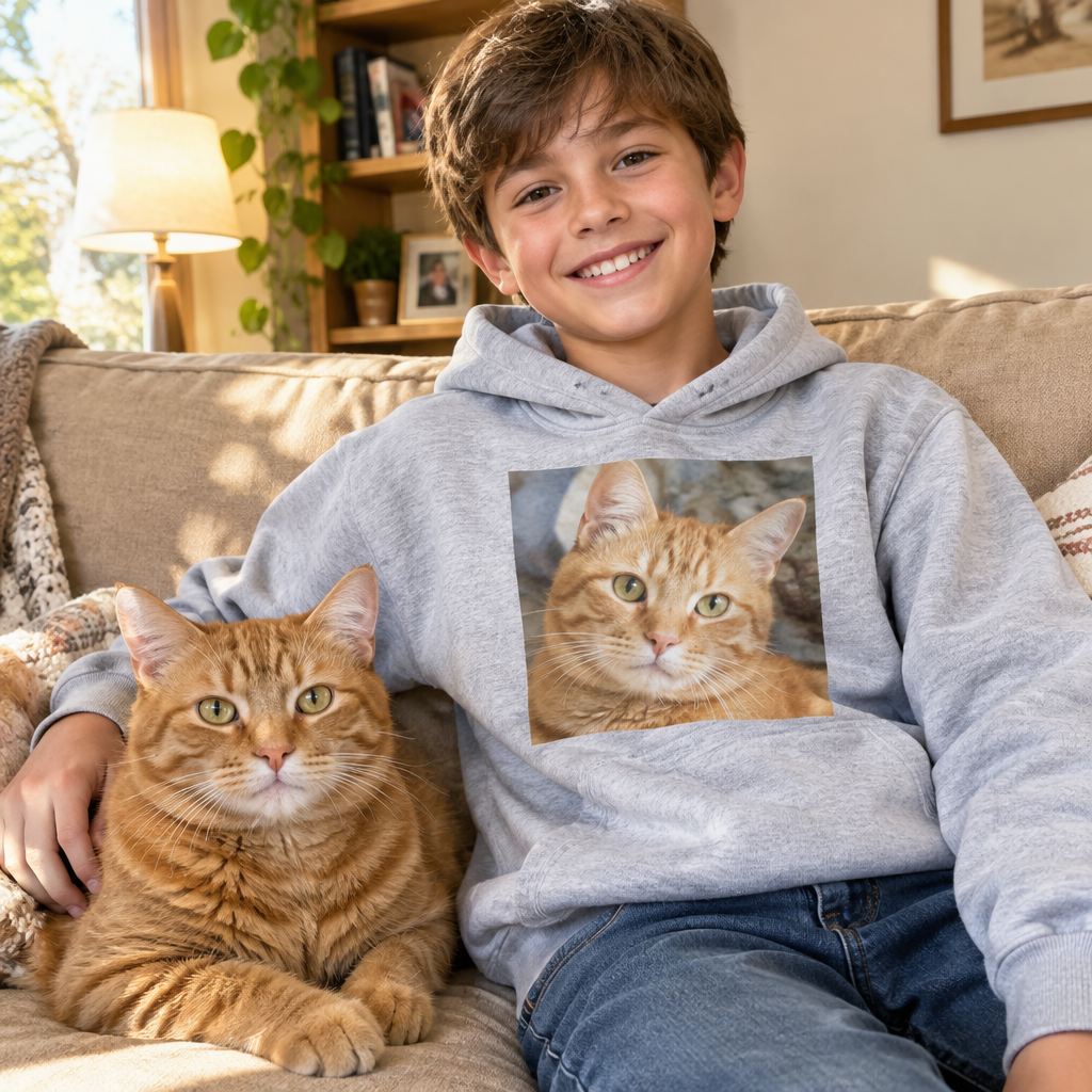 Boy in a grey kids photo hoodie with his orange cat printed on it
