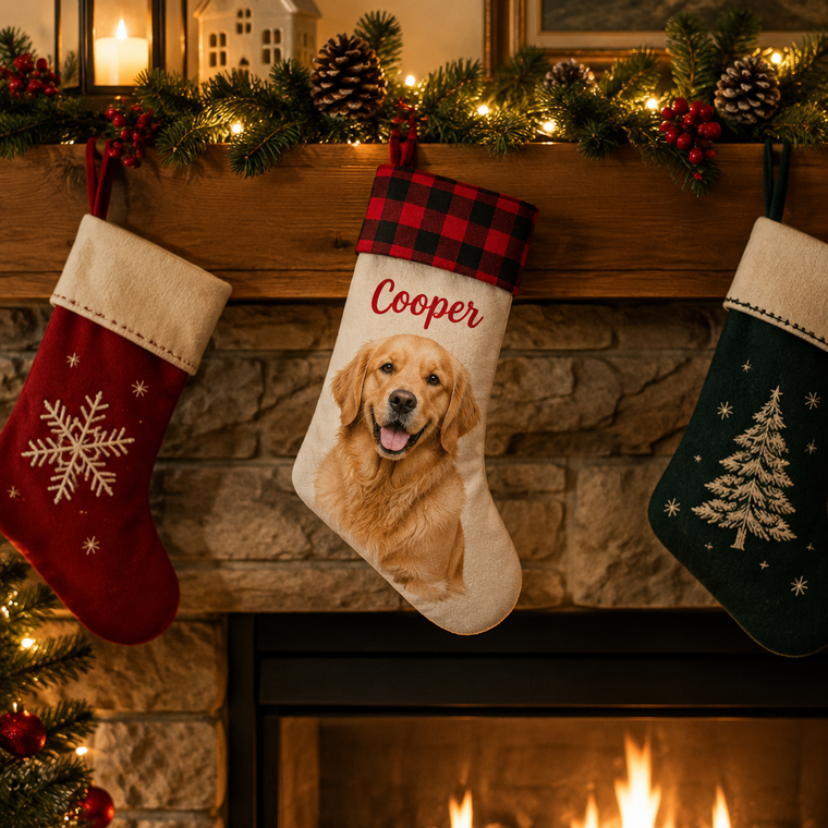 Custom Photo Christmas Stocking – Your Photo & Name on a Buffalo Plaid Stocking