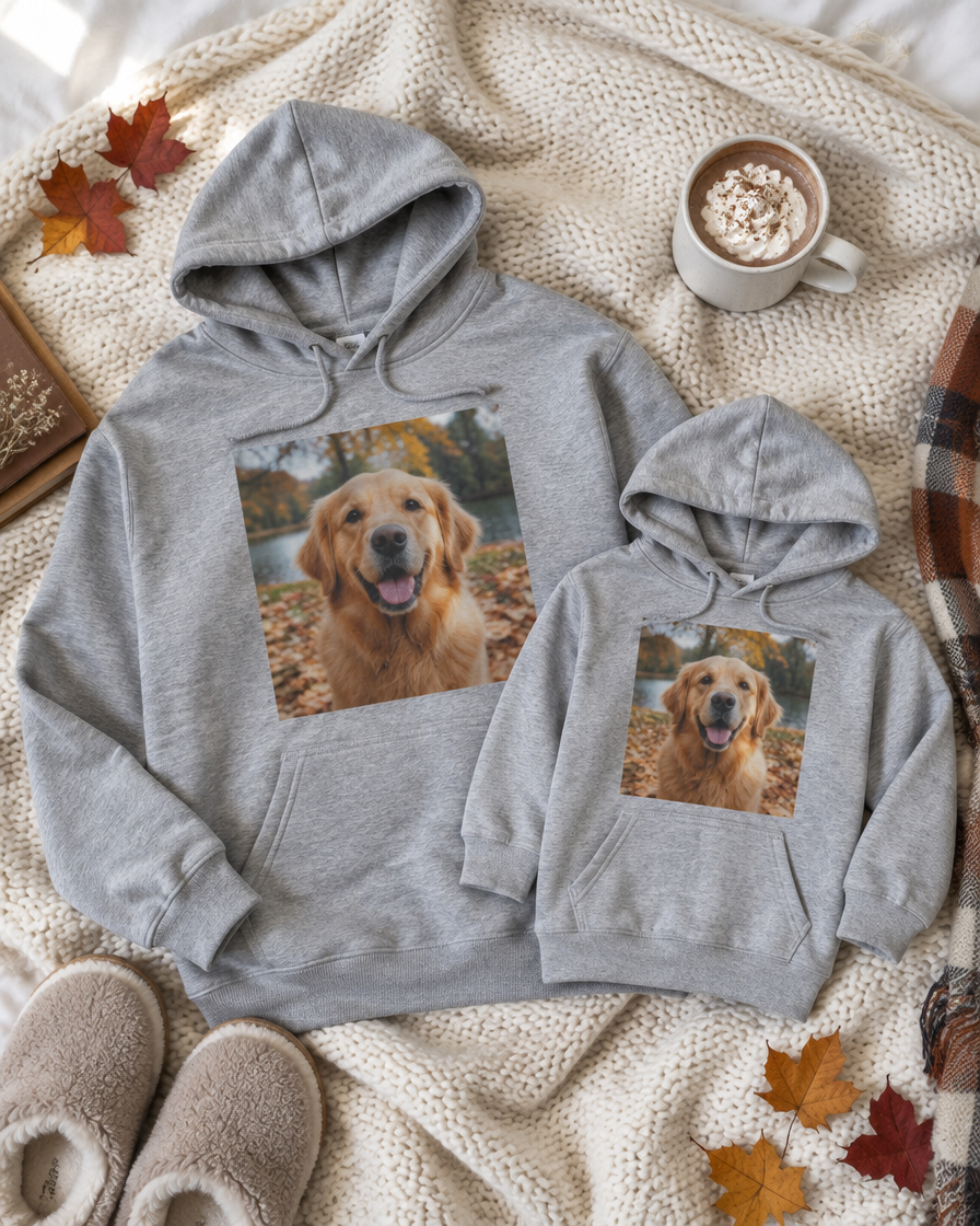 Matching adult and kids photo hoodies with the family dog