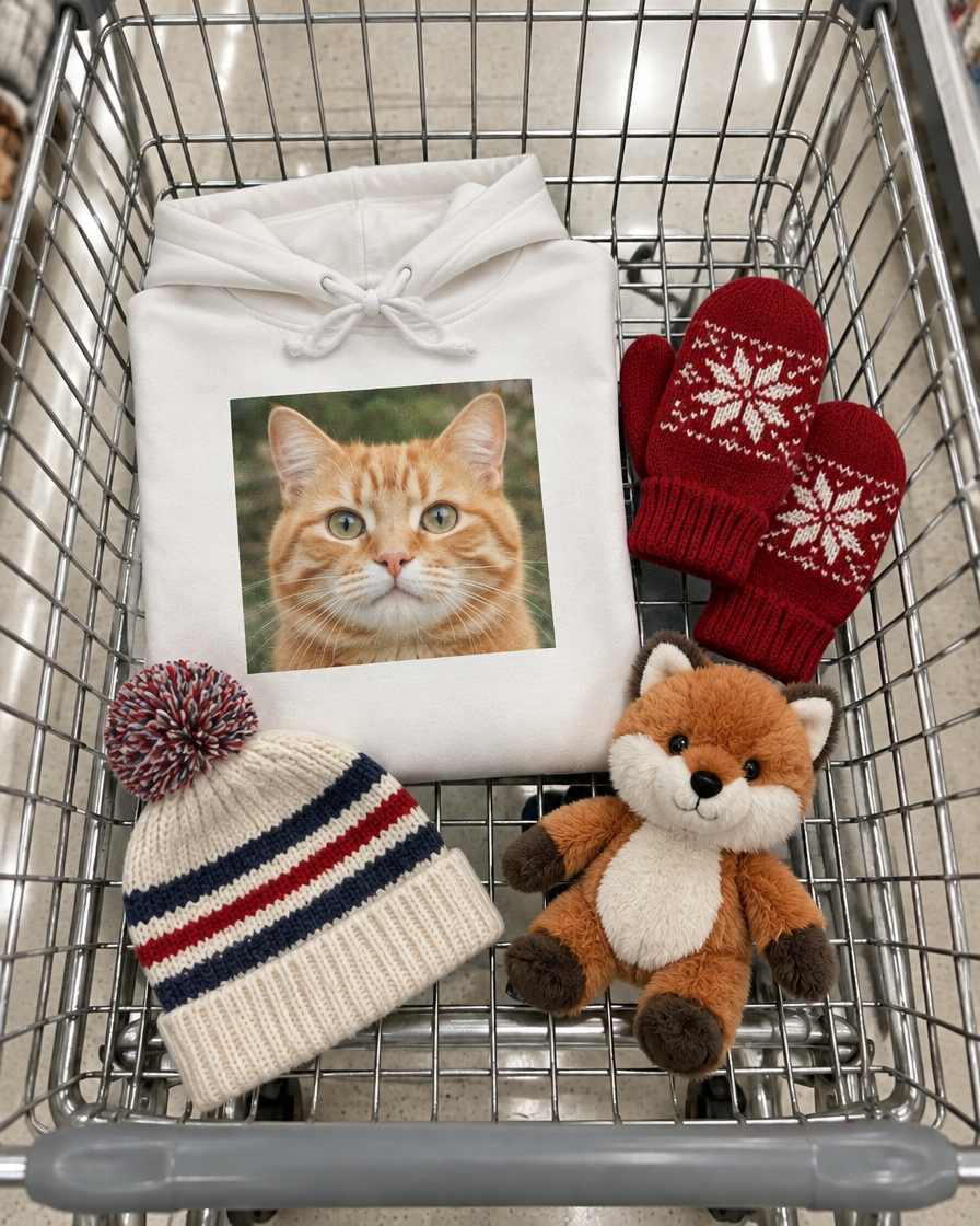 White kids photo hoodie with a cat in a shopping cart