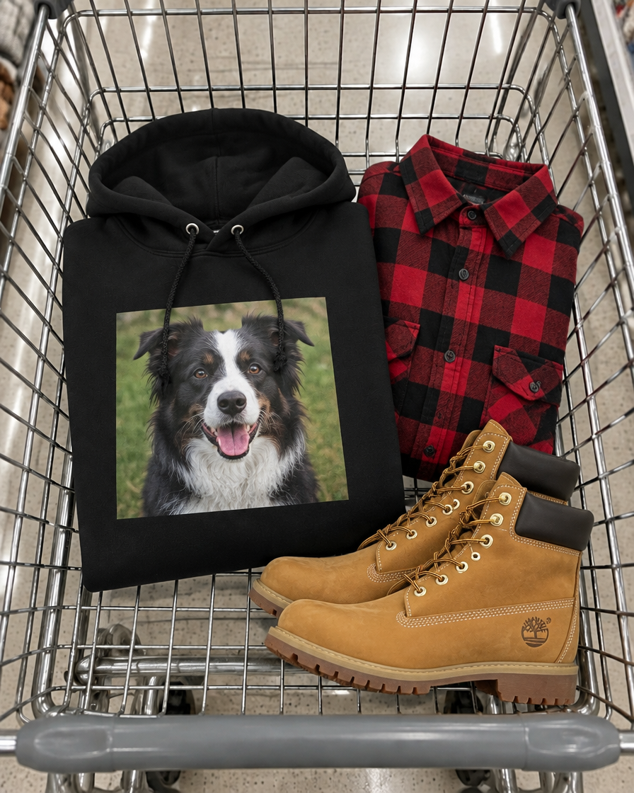 Black photo hoodie with a border collie in a shopping cart