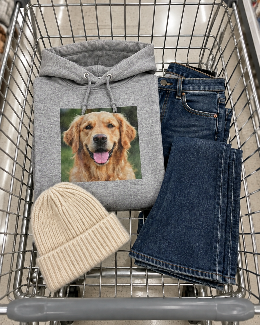 Grey photo hoodie with a golden retriever in a shopping cart