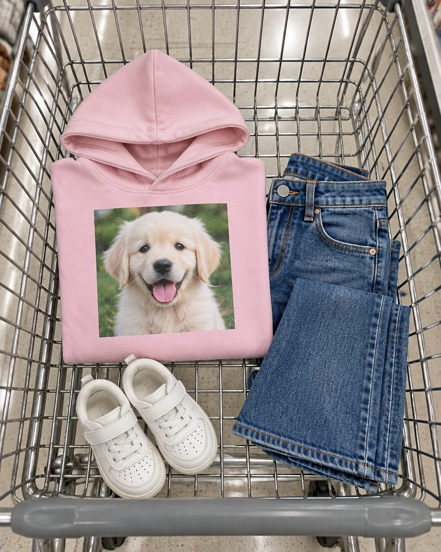 Pink kids photo hoodie with a puppy in a shopping cart