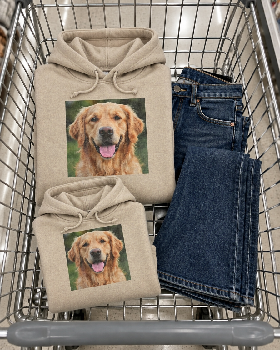 Matching adult and kids photo hoodies with a beagle in a shopping cart