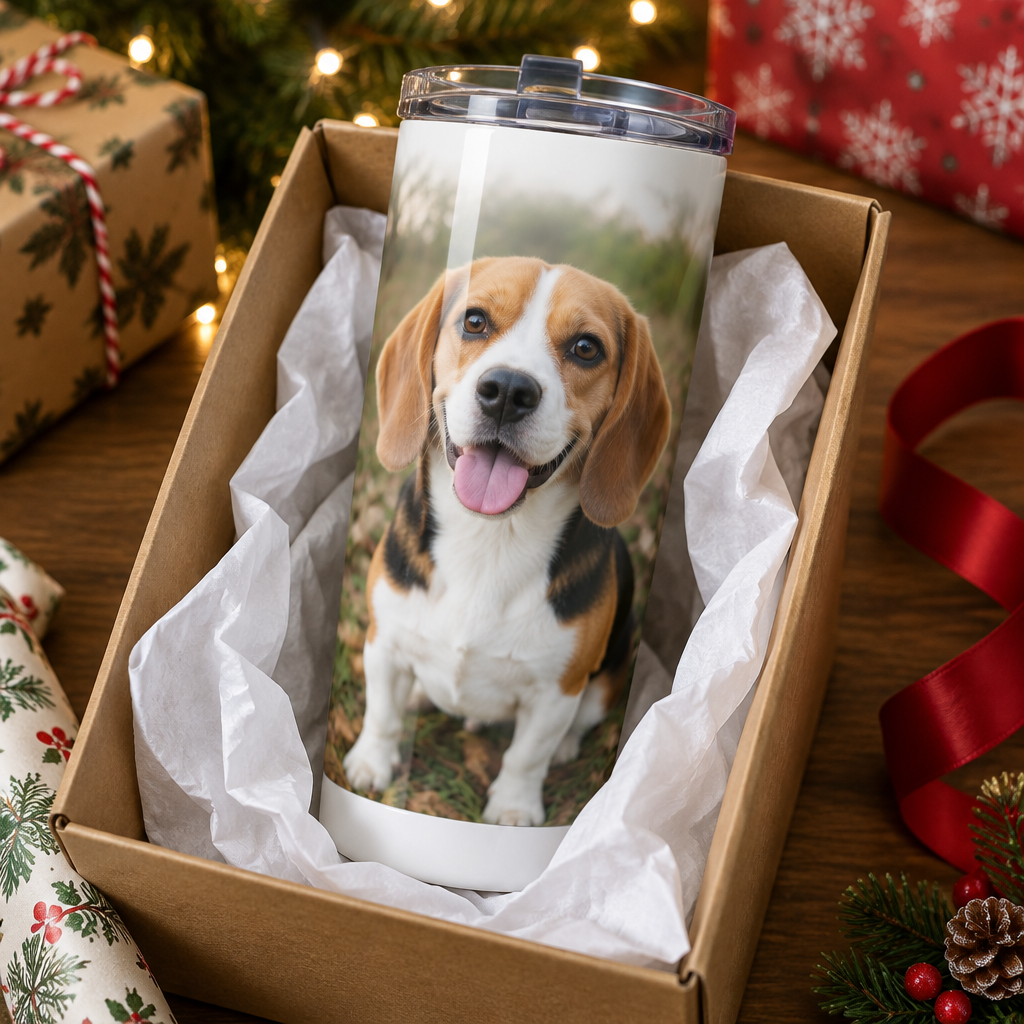 Beagle photo tumbler in a Christmas gift box