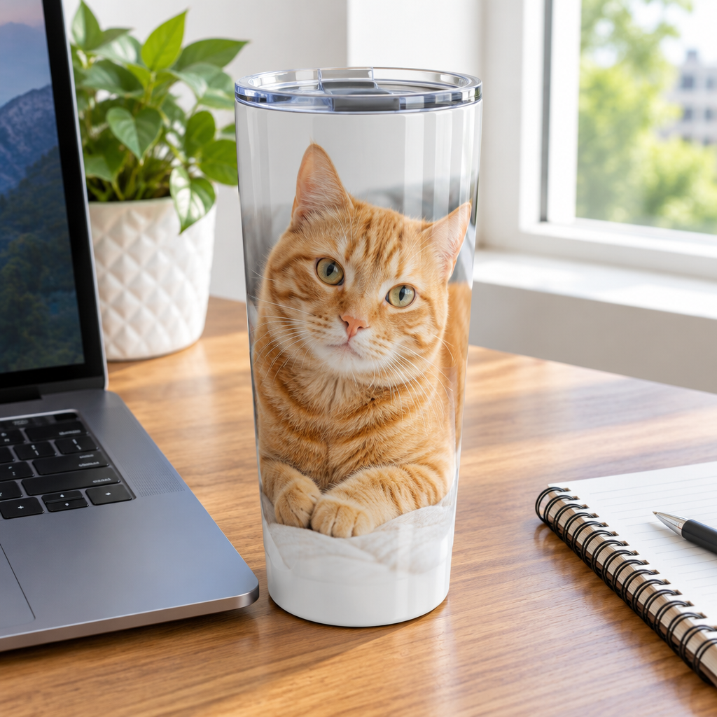 Cat photo tumbler on an office desk
