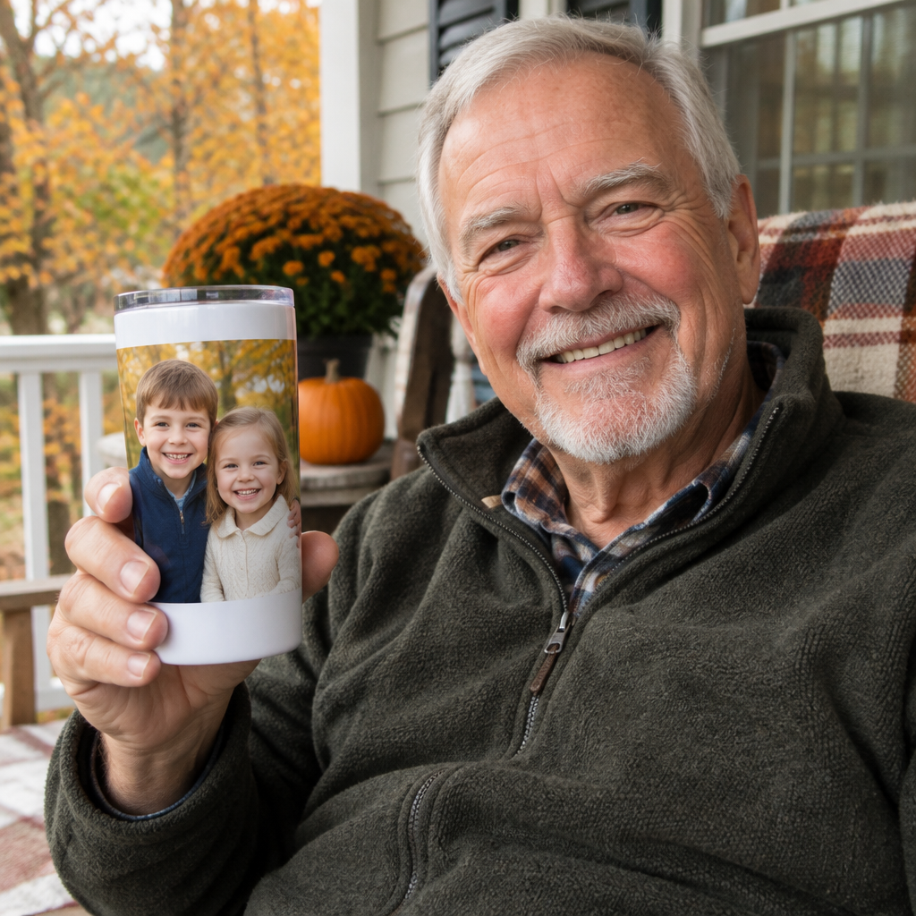 Grandpa holding a photo tumbler with his grandkids printed on it