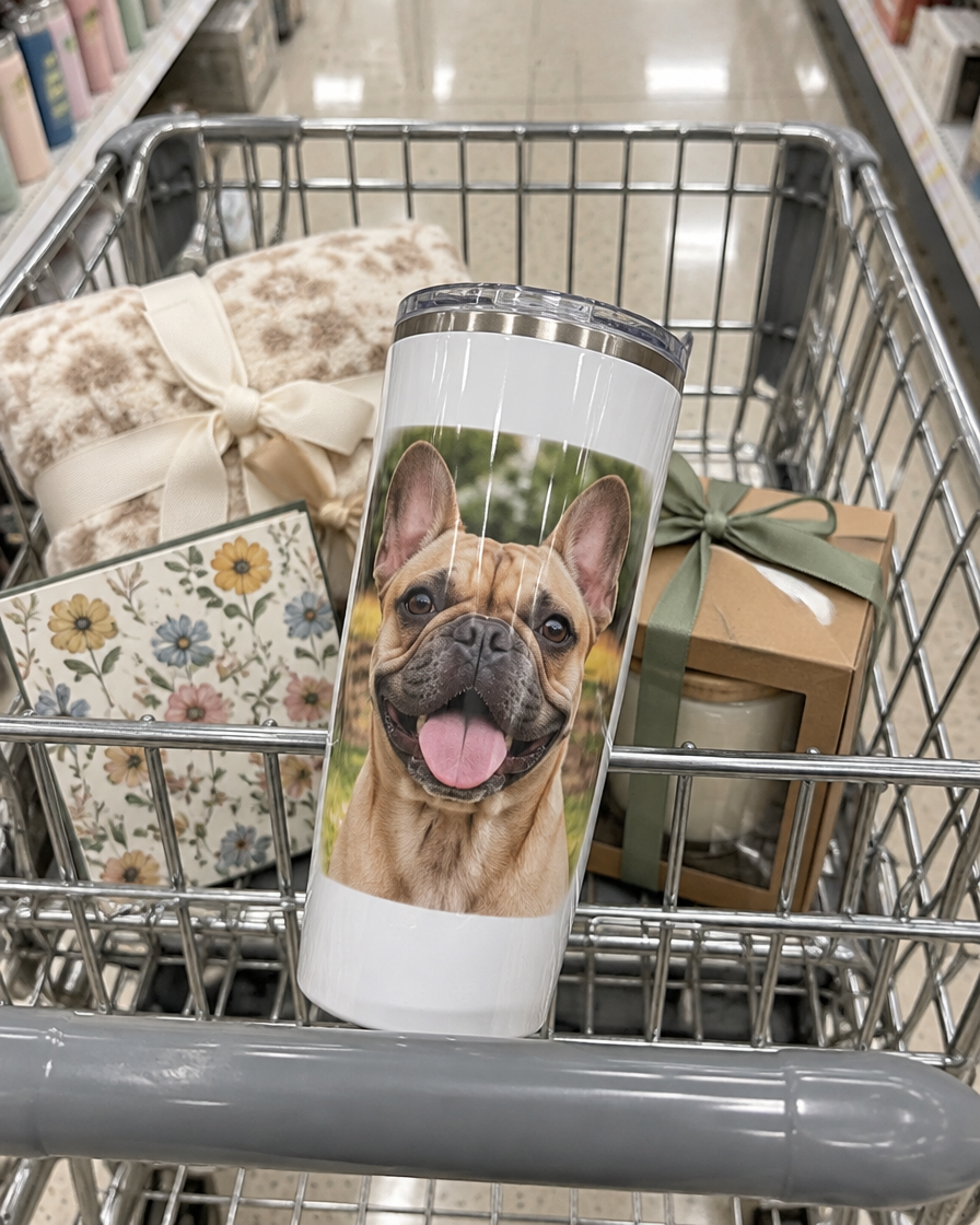 French bulldog photo tumbler in a shopping cart