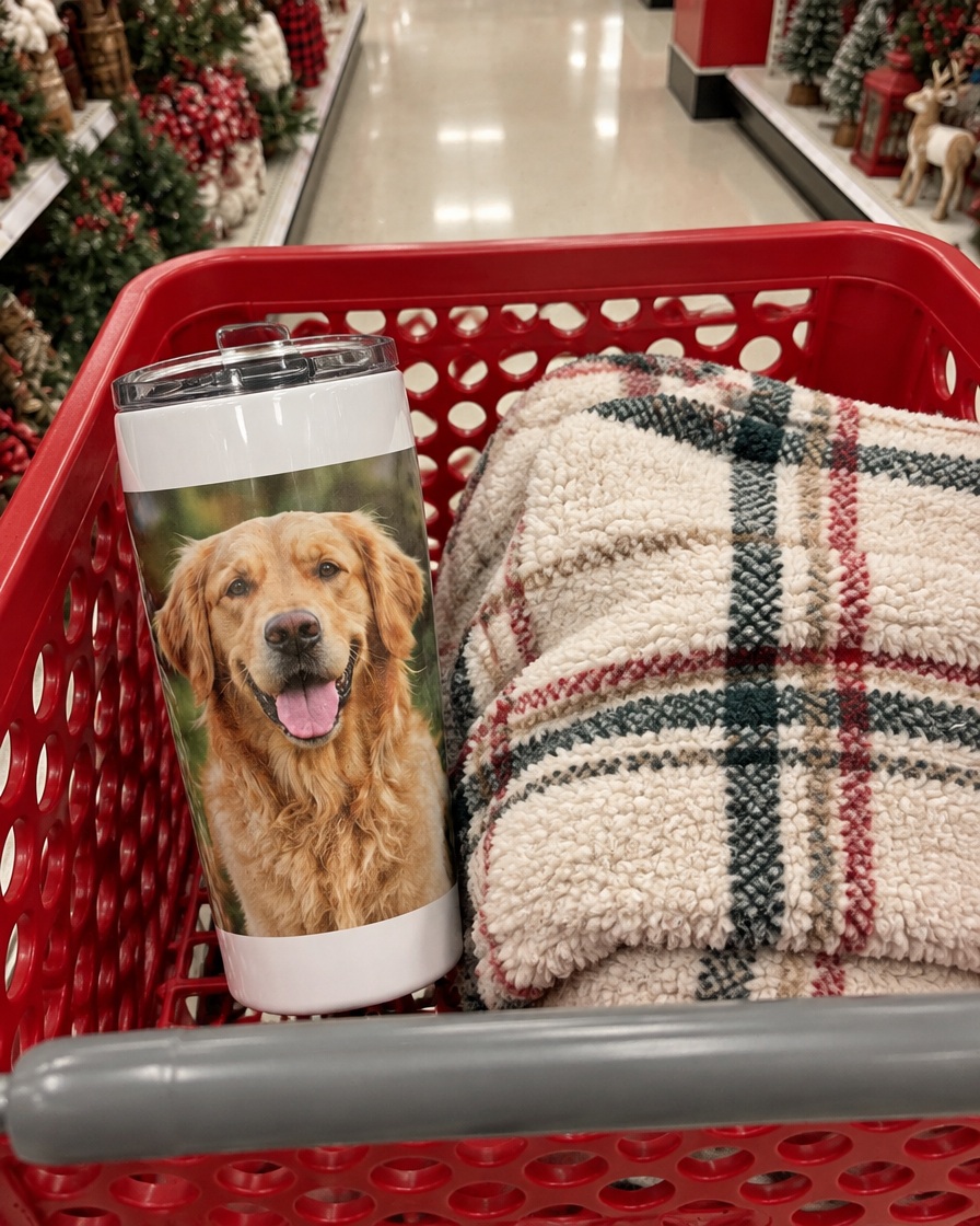 Golden retriever photo tumbler in a red shopping cart