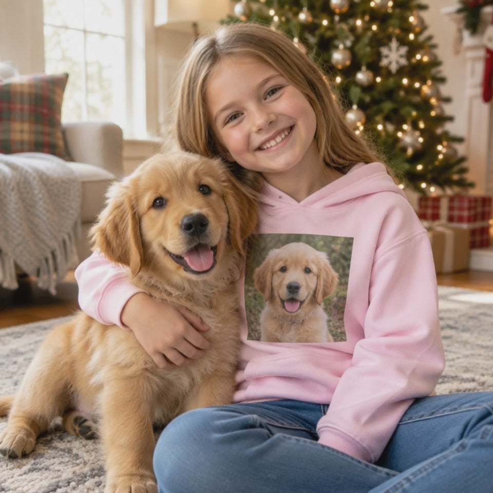 Video of a kids photo hoodie with a golden retriever puppy