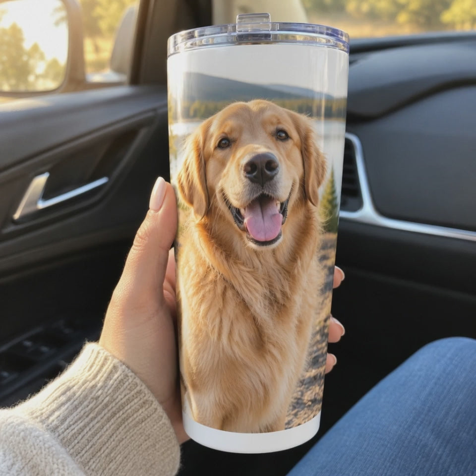 Video of a custom photo tumbler with a golden retriever