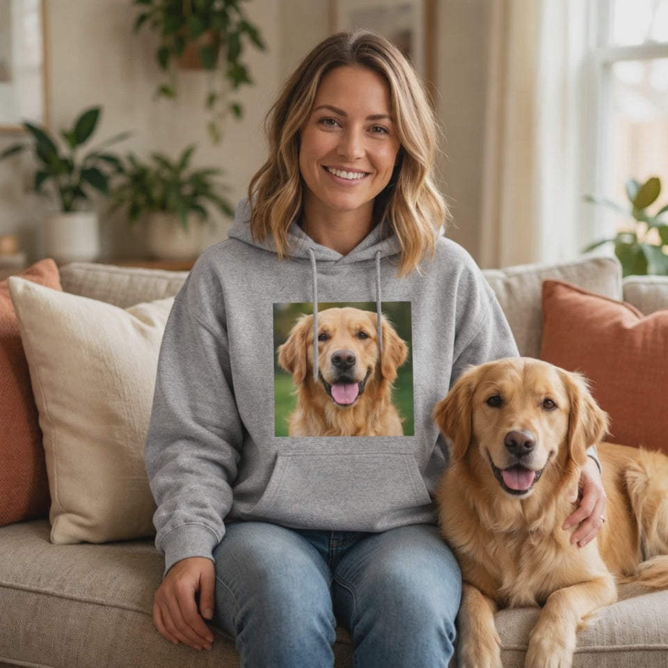Video of a custom photo hoodie with a golden retriever